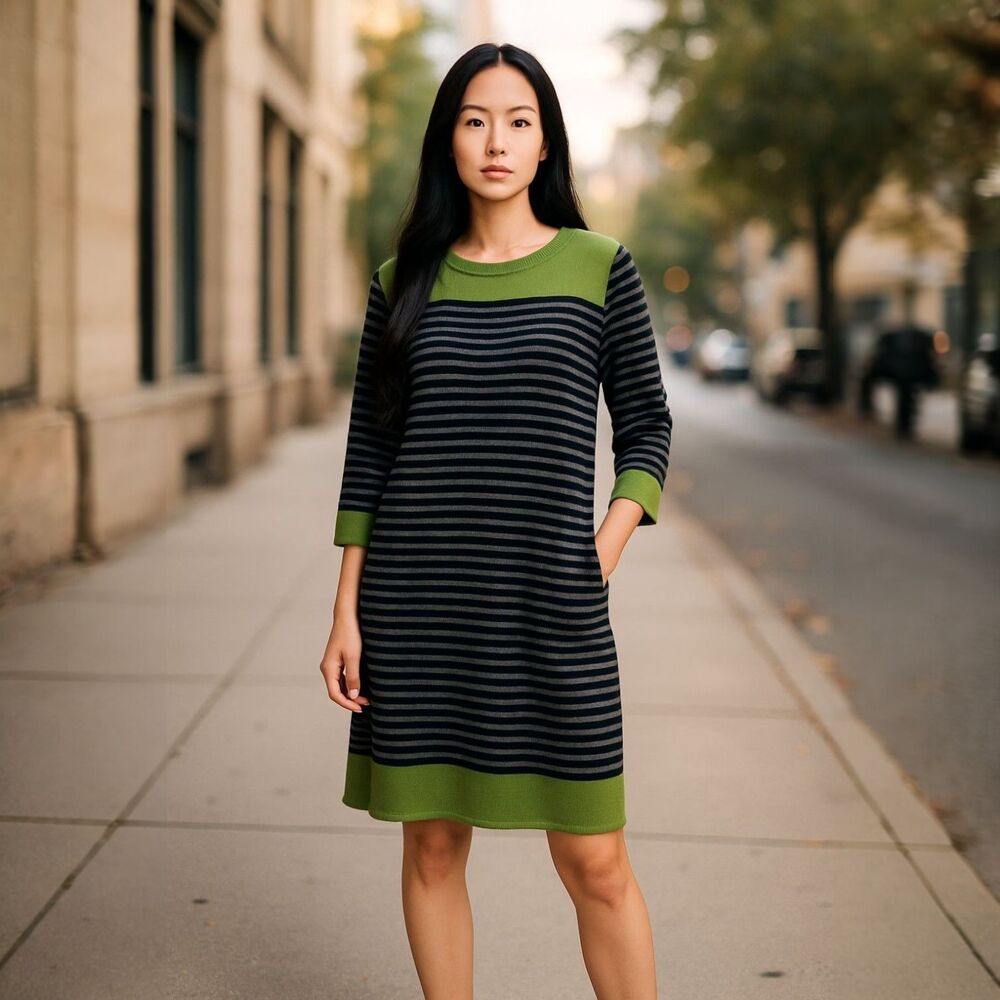 Eliza J Dress Sz M Sweater Green Black Gray Striped Beetlejuice Long Sleeve EUC